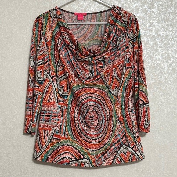 Sunny Leigh Multicolored Colorful Print Cowl Neck 3/4 Sleeve Blouse Top Boho L - Picture 1 of 6
